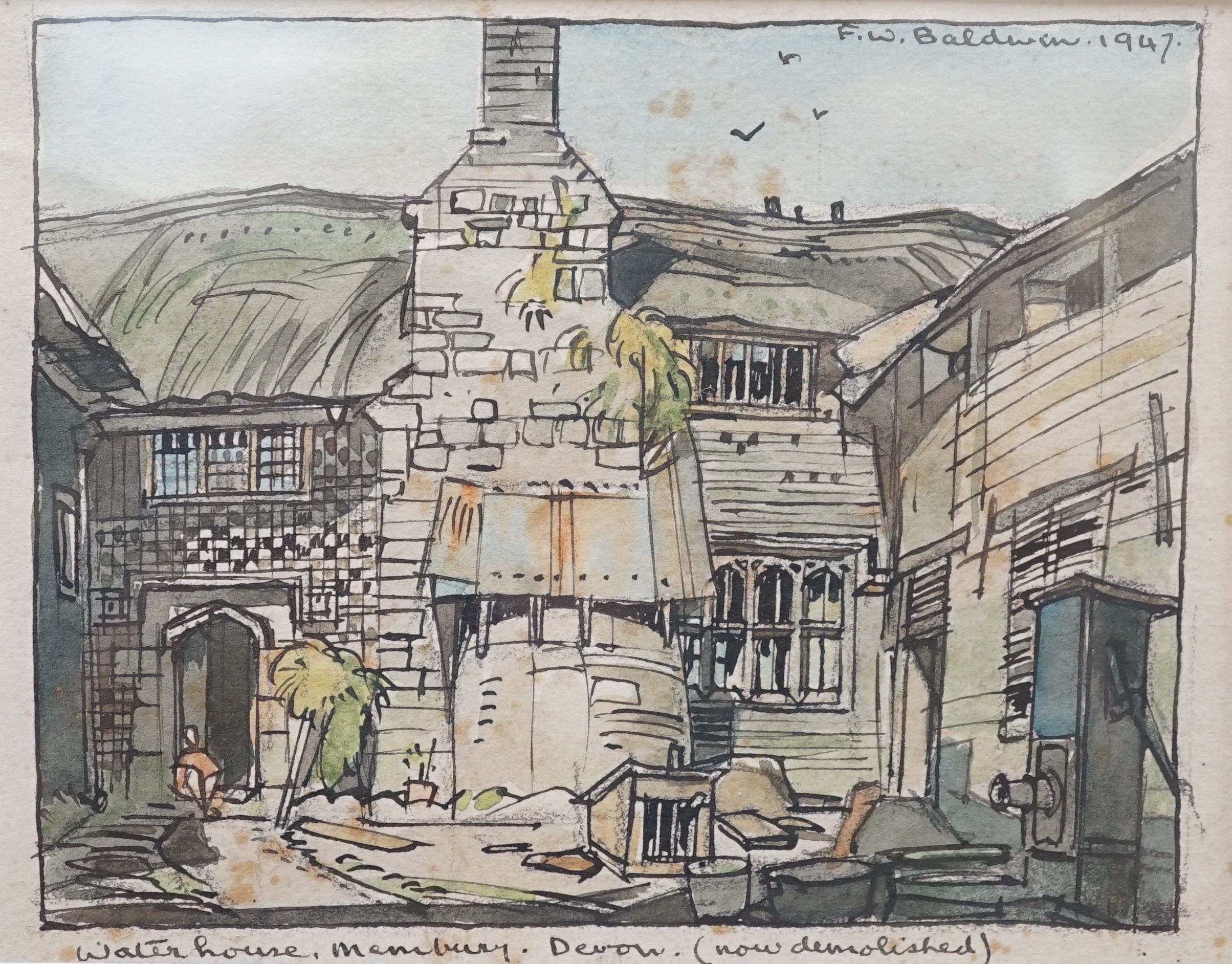 Frederick William Baldwin (b.1899), Waterhouse, Membury, Devon, pen and watercolour, signed and dated 1947, 11 x 14cm